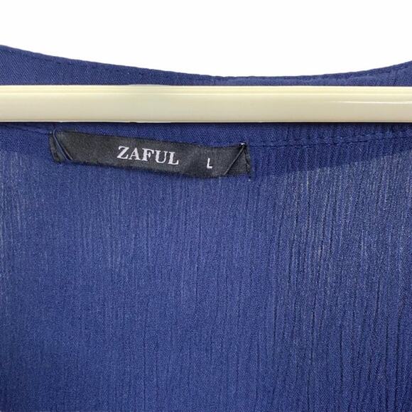 Zaful Navy Blue Distressed Semi-Sheer Boho Top Tunic Shirt Tassels Size Large - Picture 8 of 11